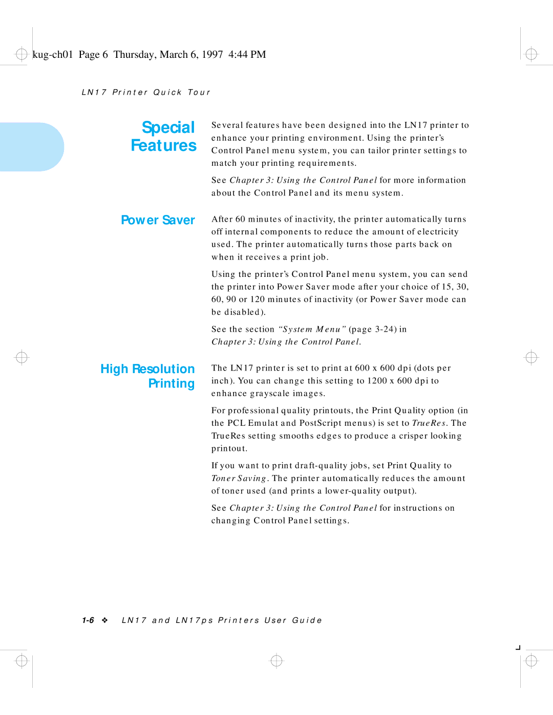 HP LN17 manual Special Features, Power Saver, Kug-ch01 Page 6 Thursday, March 6, 1997 444 PM 