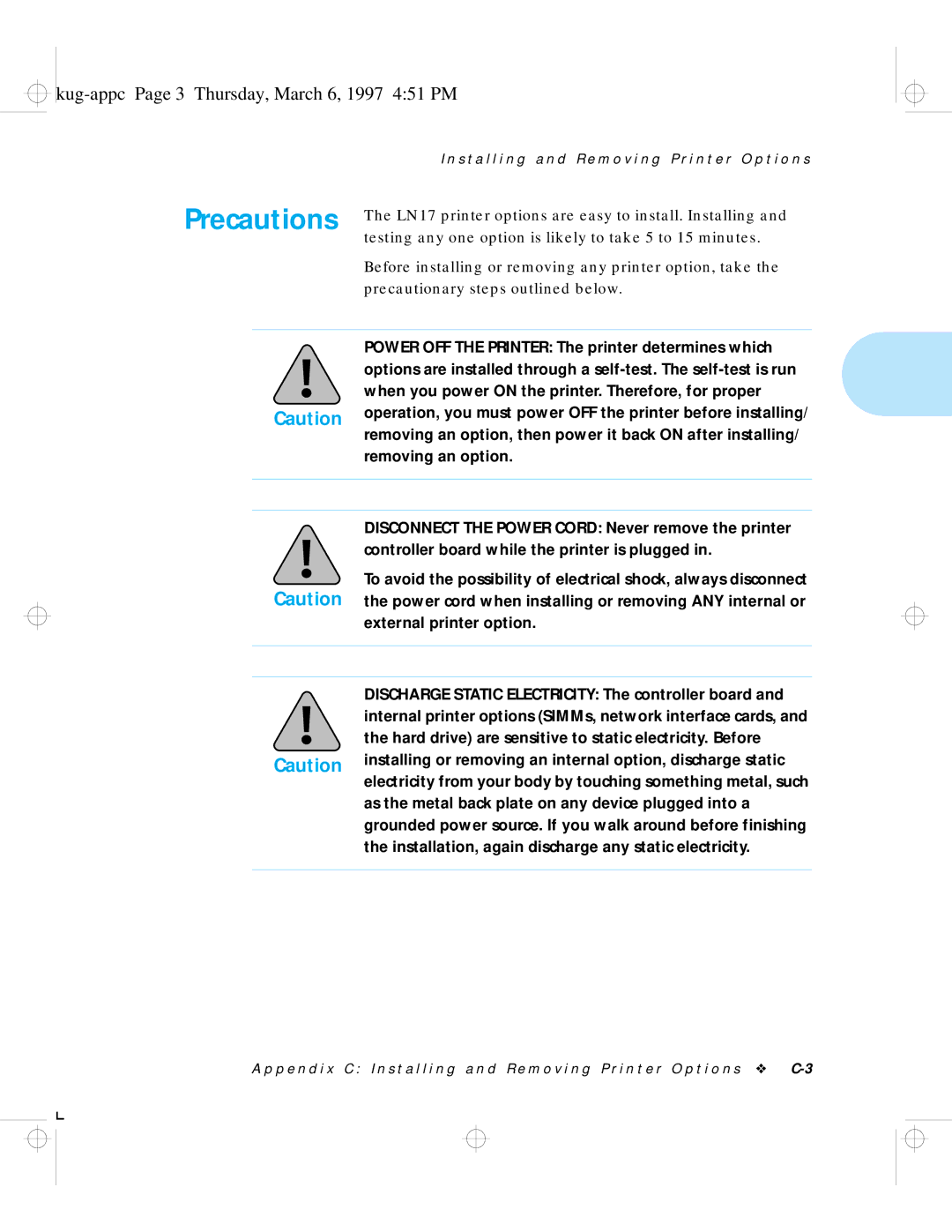 HP LN17 manual Precautions, Kug-appc Page 3 Thursday, March 6, 1997 451 PM 