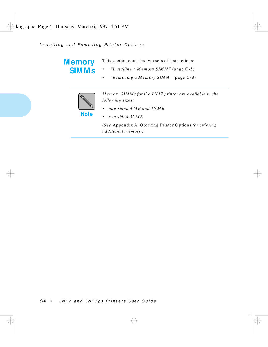 HP LN17 manual Memory SIMMs, Kug-appc Page 4 Thursday, March 6, 1997 451 PM 
