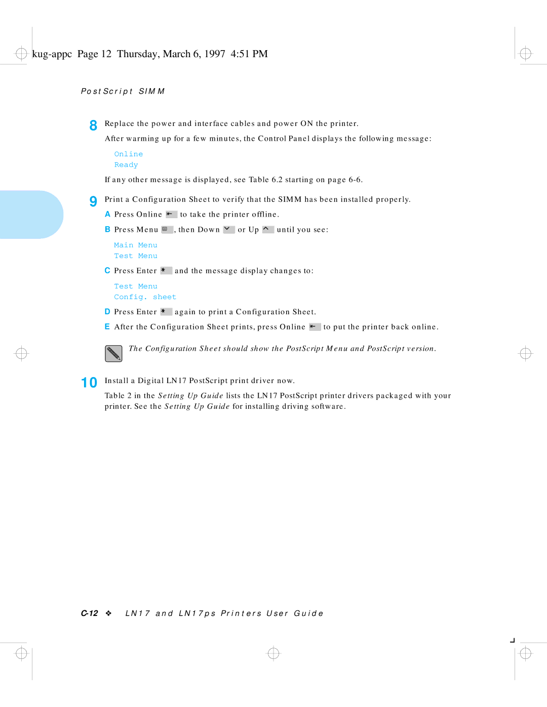 HP manual Kug-appc Page 12 Thursday, March 6, 1997 451 PM, Install a Digital LN17 PostScript print driver now 