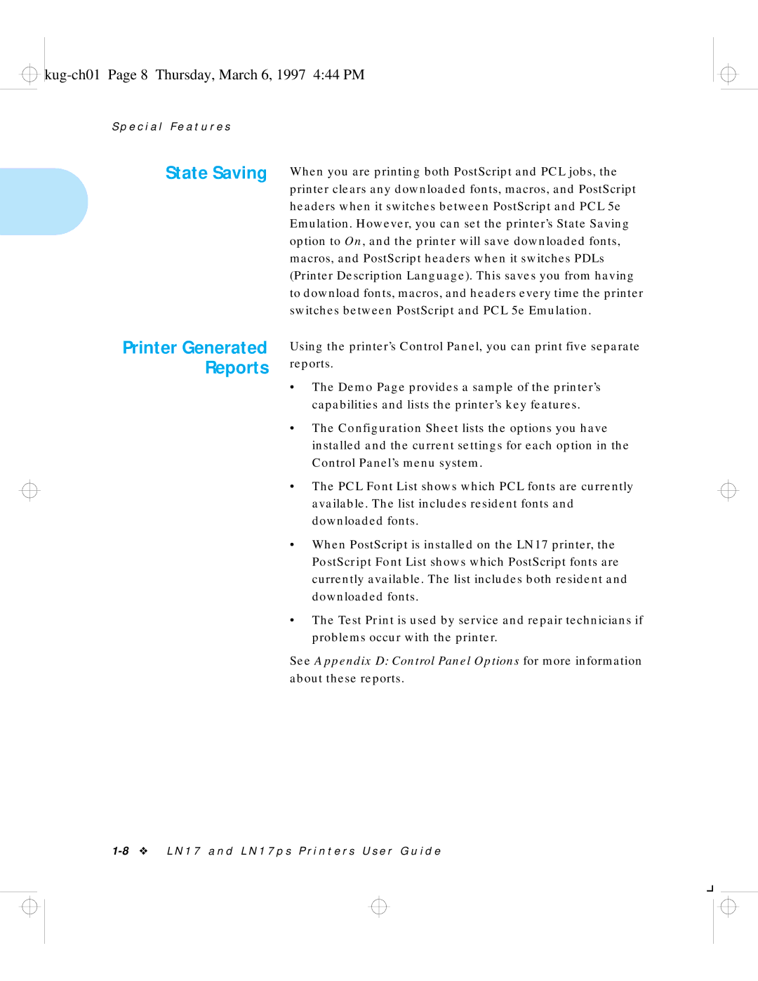 HP LN17 manual State Saving, Kug-ch01 Page 8 Thursday, March 6, 1997 444 PM 