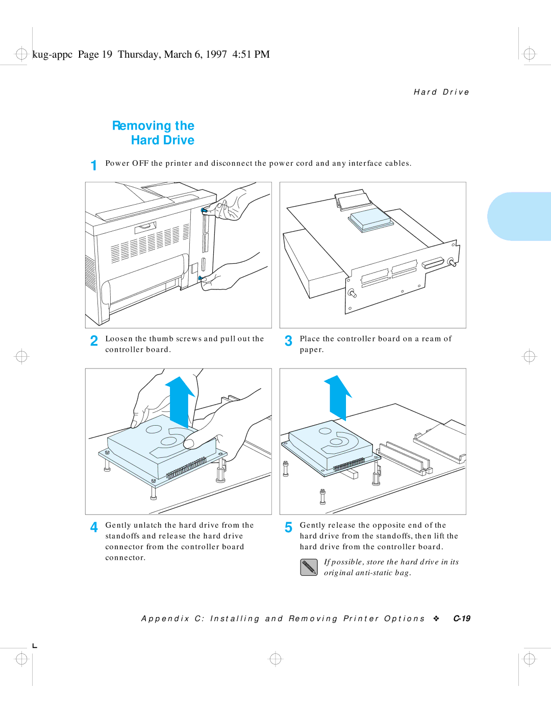 HP LN17 manual Removing Hard Drive, Kug-appc Page 19 Thursday, March 6, 1997 451 PM 