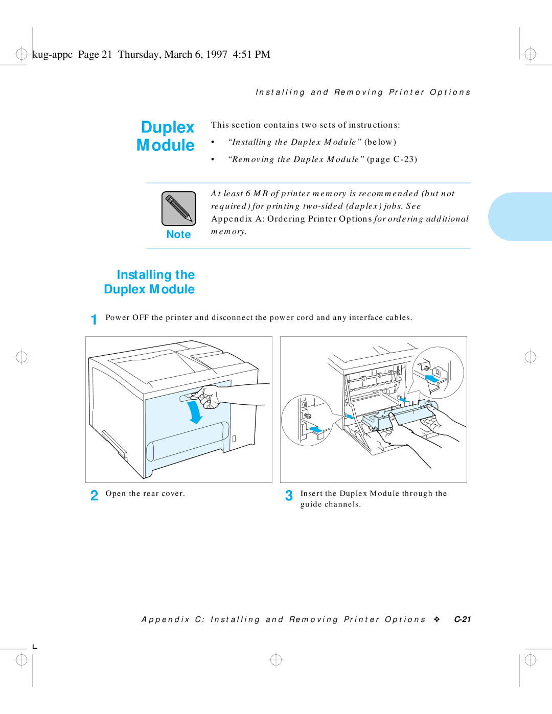 HP LN17 manual Installing Duplex Module, Kug-appc Page 21 Thursday, March 6, 1997 451 PM 