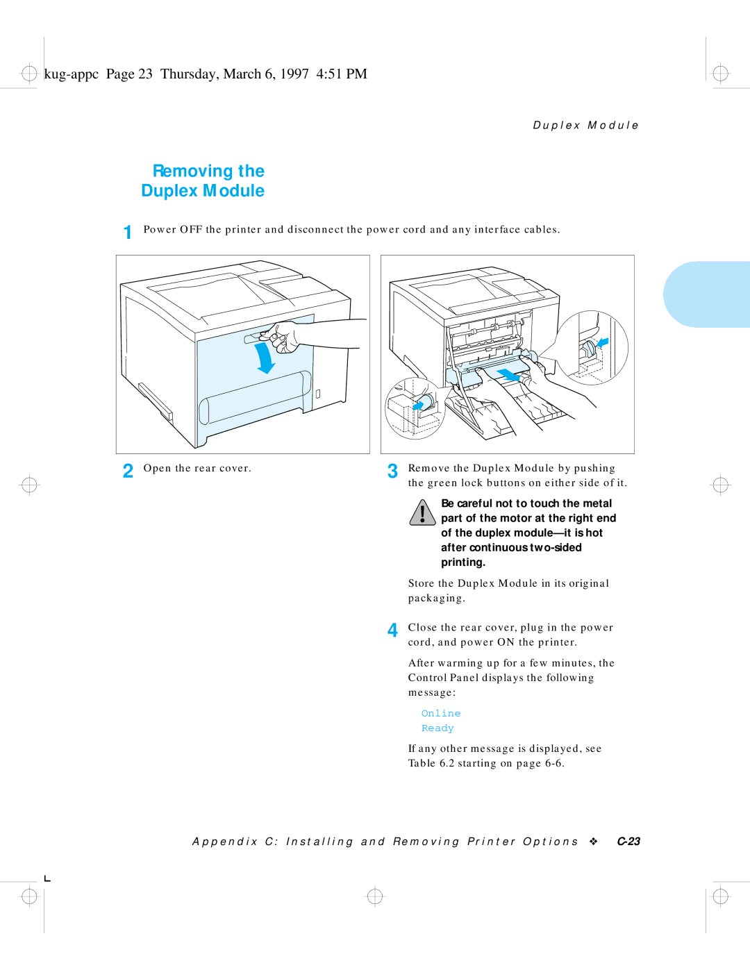 HP LN17 manual Removing Duplex Module, Kug-appc Page 23 Thursday, March 6, 1997 451 PM 