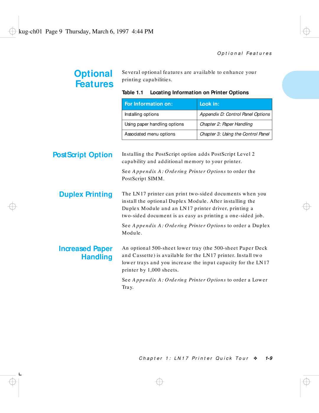 HP LN17 manual PostScript Option Duplex Printing, Kug-ch01 Page 9 Thursday, March 6, 1997 444 PM, For Information on Look 