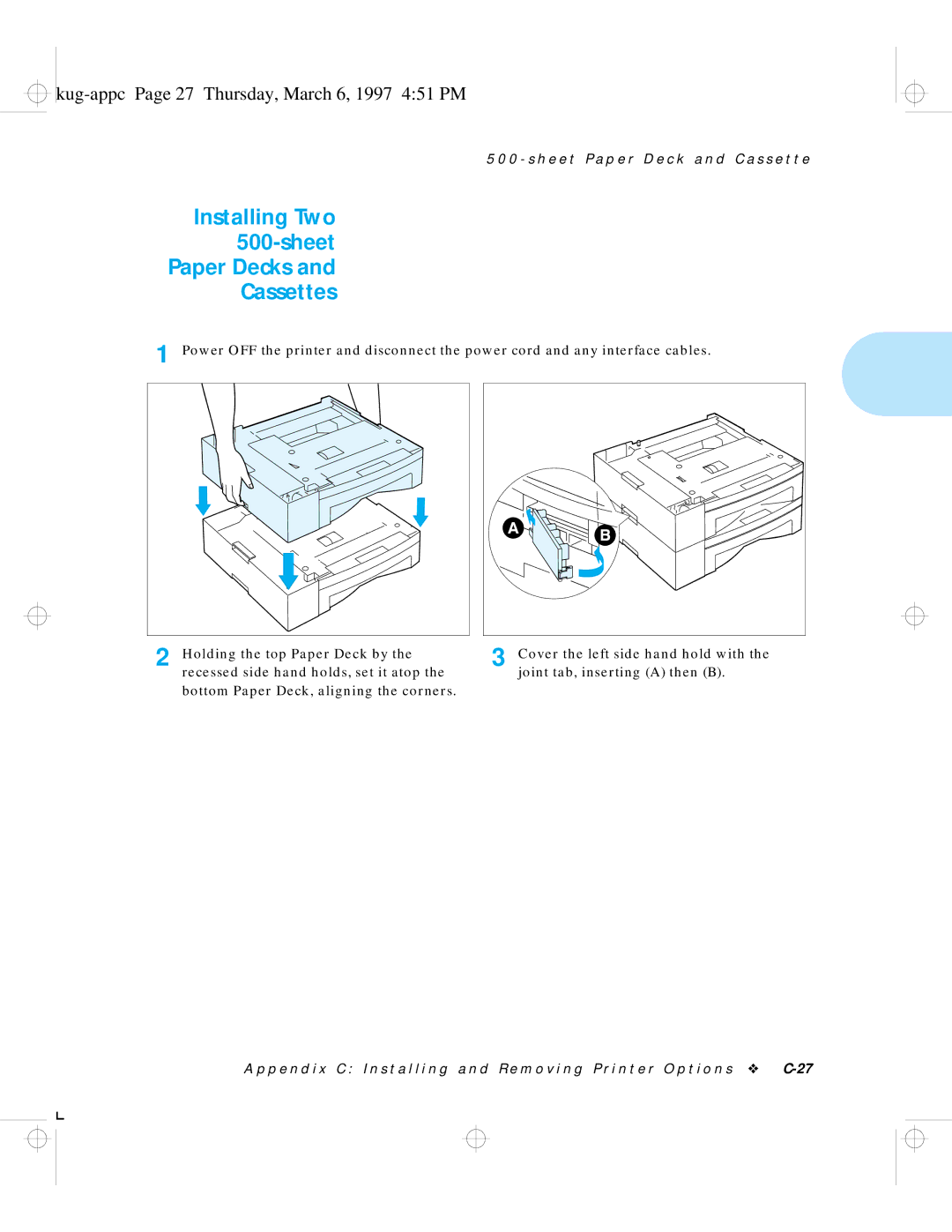 HP LN17 manual Installing Two Sheet Paper Decks Cassettes, Kug-appc Page 27 Thursday, March 6, 1997 451 PM 