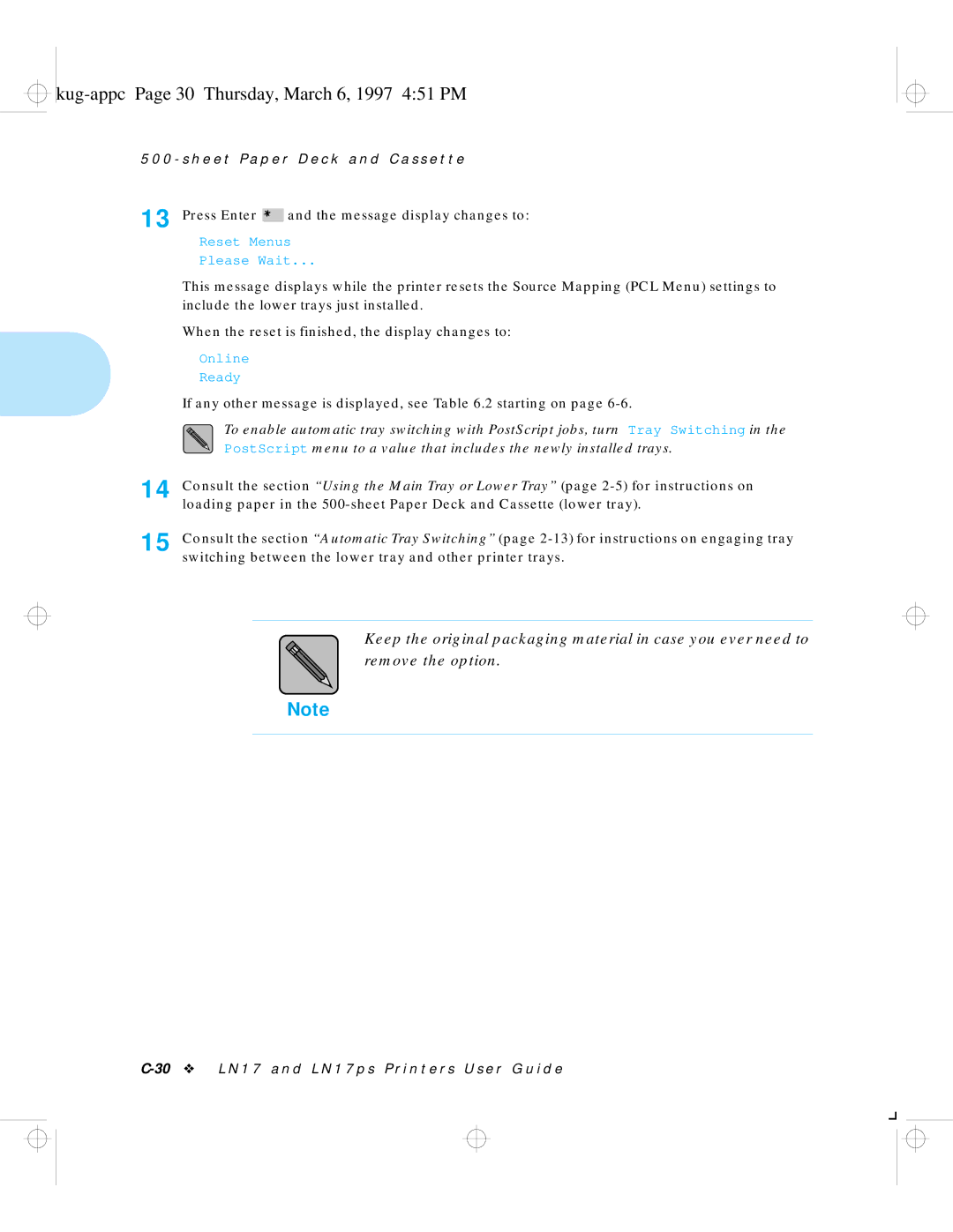 HP LN17 manual Kug-appc Page 30 Thursday, March 6, 1997 451 PM 