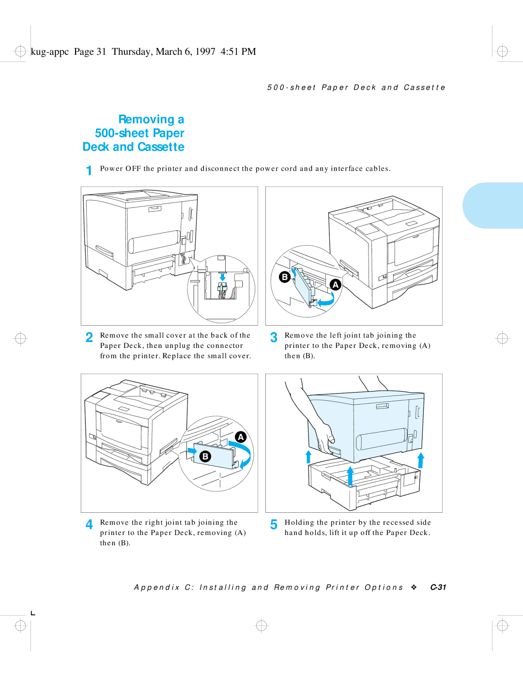 HP LN17 manual Removing a Sheet Paper Deck and Cassette, Kug-appc Page 31 Thursday, March 6, 1997 451 PM 