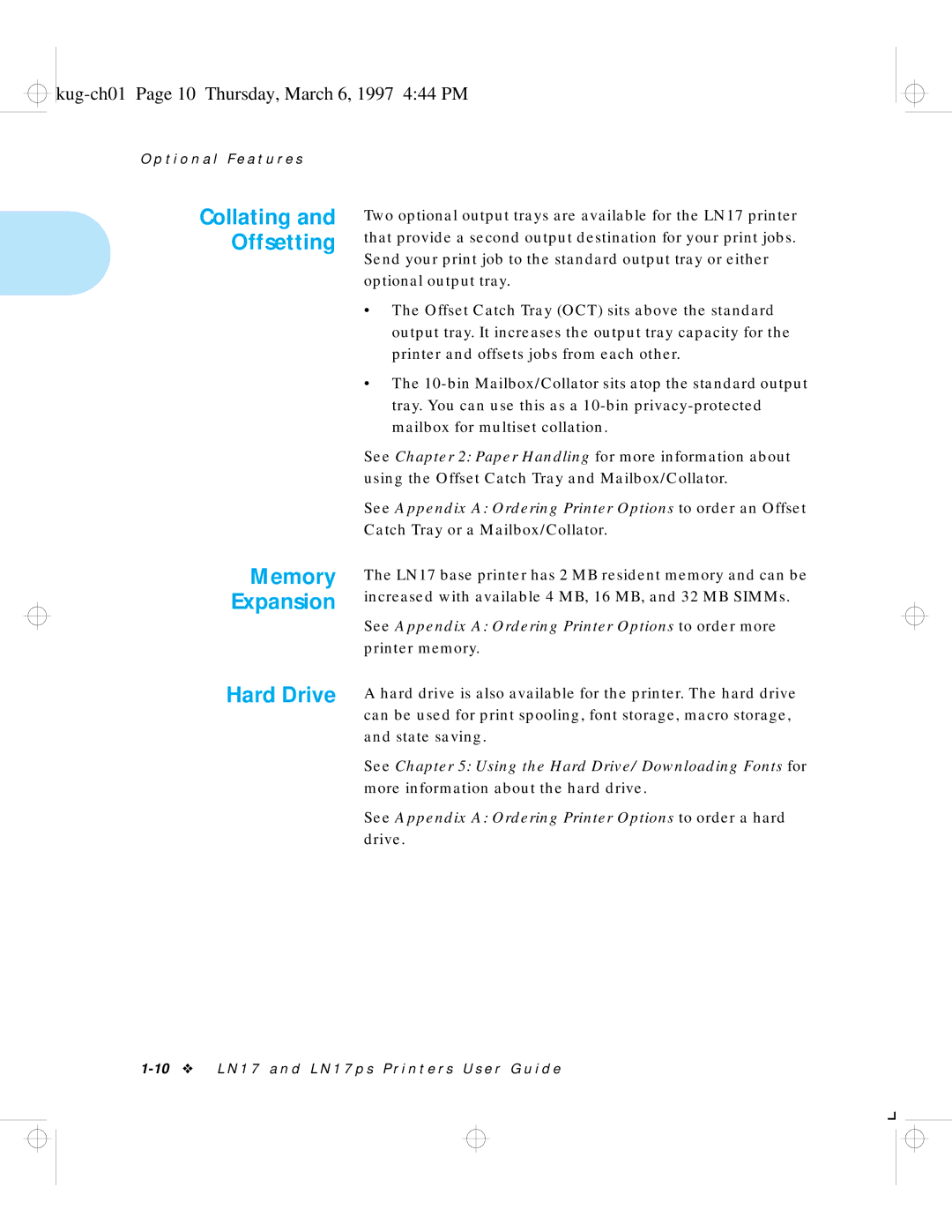 HP LN17 manual Collating Offsetting Memory Expansion, Kug-ch01 Page 10 Thursday, March 6, 1997 444 PM 