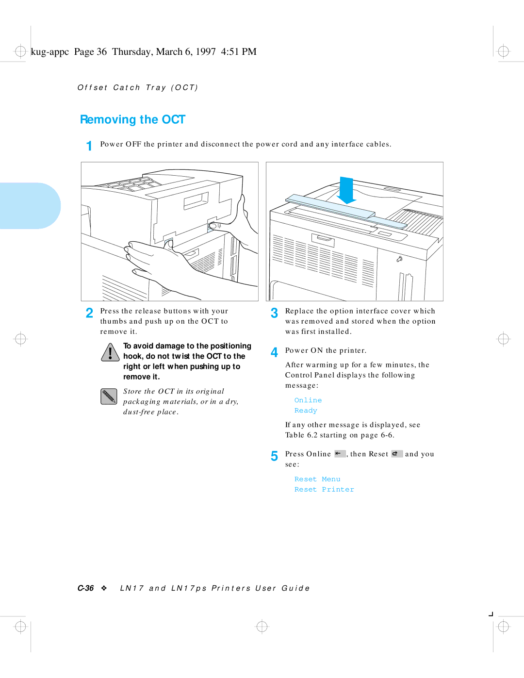 HP LN17 manual Removing the OCT, Kug-appc Page 36 Thursday, March 6, 1997 451 PM 