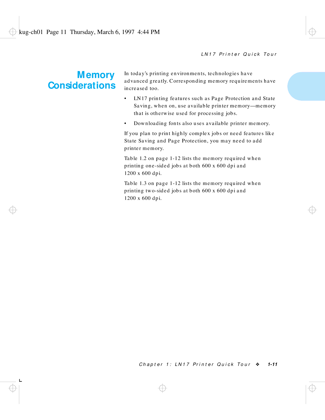 HP LN17 manual Memory Considerations, Kug-ch01 Page 11 Thursday, March 6, 1997 444 PM 