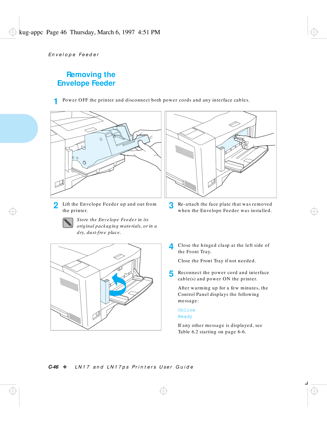 HP LN17 manual Removing Envelope Feeder, Kug-appc Page 46 Thursday, March 6, 1997 451 PM 