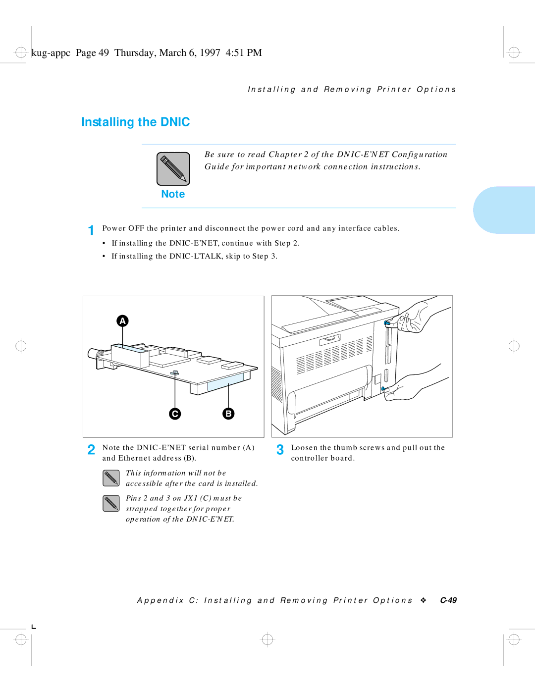 HP LN17 manual Installing the Dnic, Kug-appc Page 49 Thursday, March 6, 1997 451 PM 