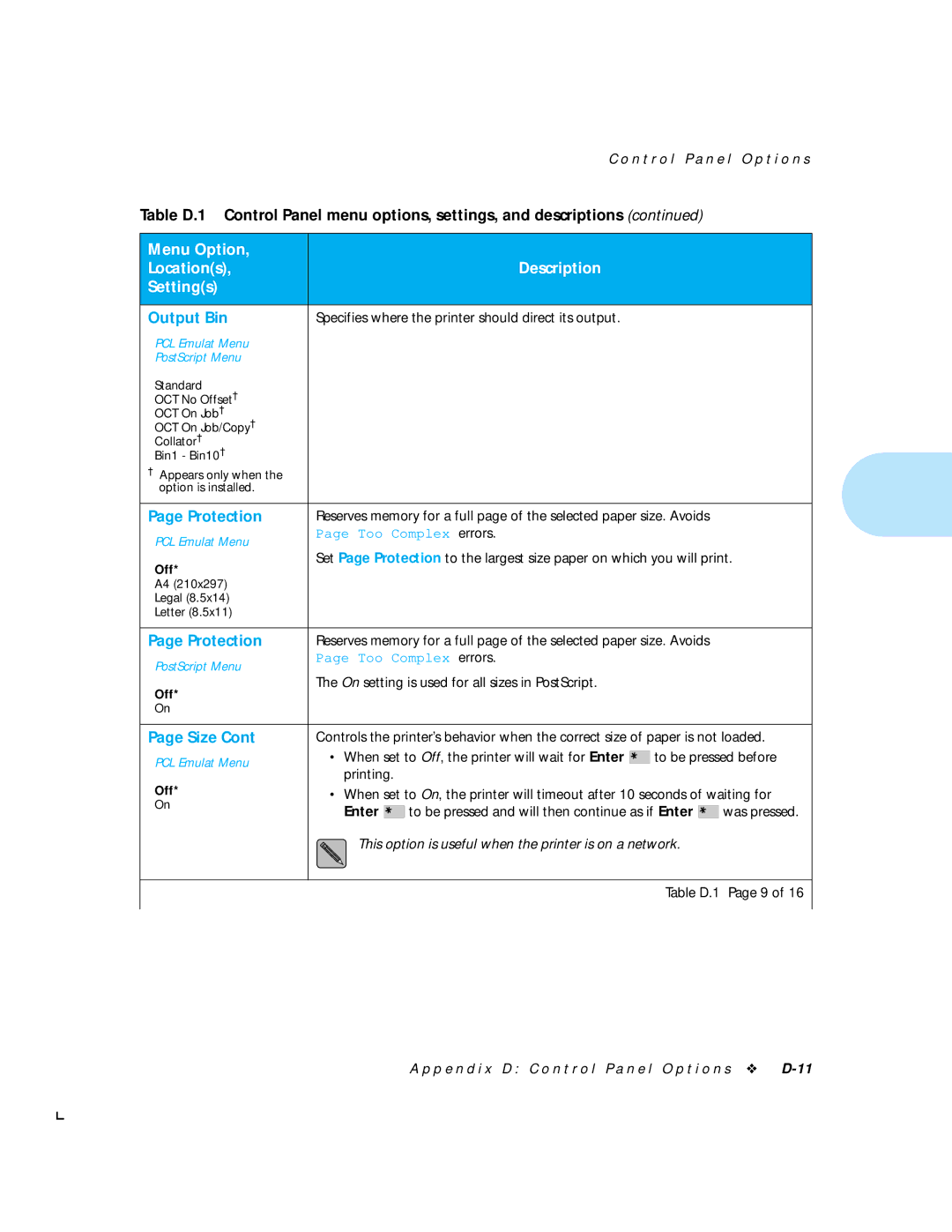 HP LN17 manual Output Bin, Protection, Size 