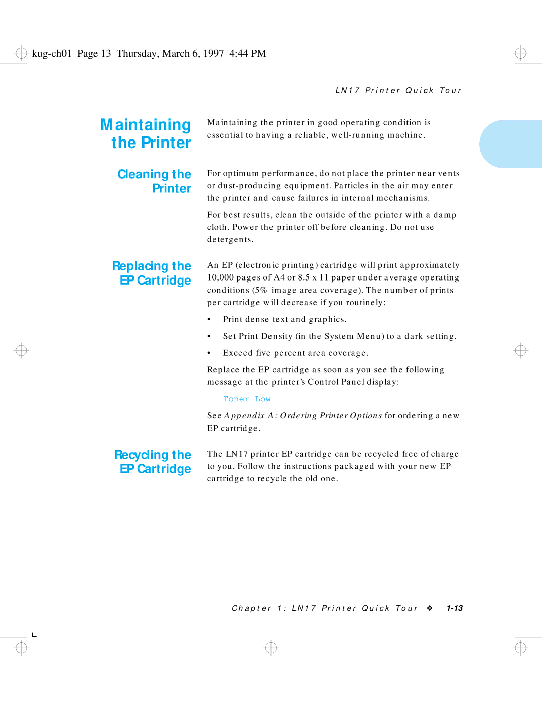 HP LN17 manual Maintaining the Printer, Kug-ch01 Page 13 Thursday, March 6, 1997 444 PM 