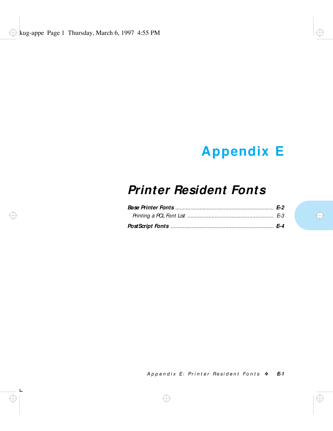 HP LN17 manual Appendix E, Kug-appe Page 1 Thursday, March 6, 1997 455 PM 