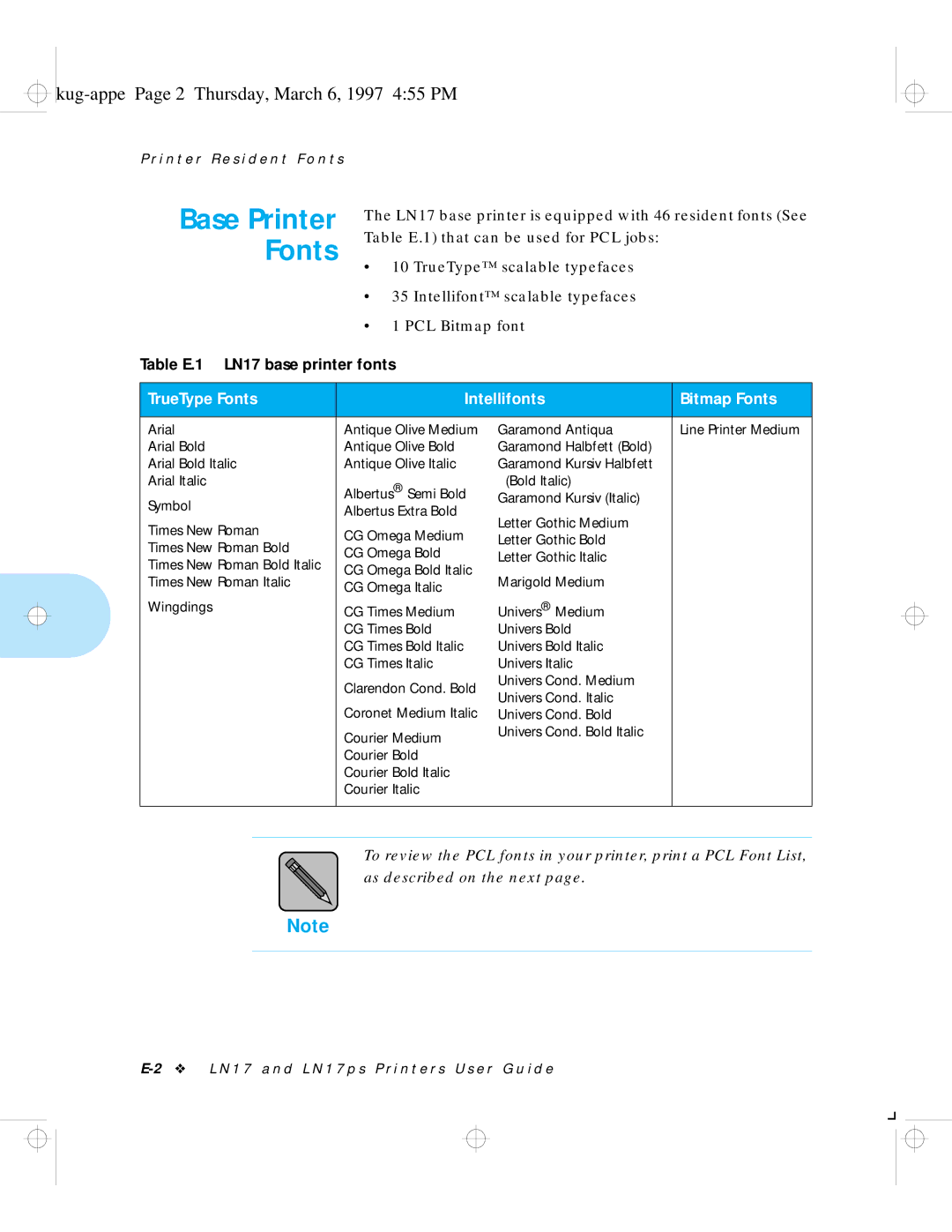 HP LN17 manual Kug-appe Page 2 Thursday, March 6, 1997 455 PM, TrueType Fonts Intellifonts Bitmap Fonts 