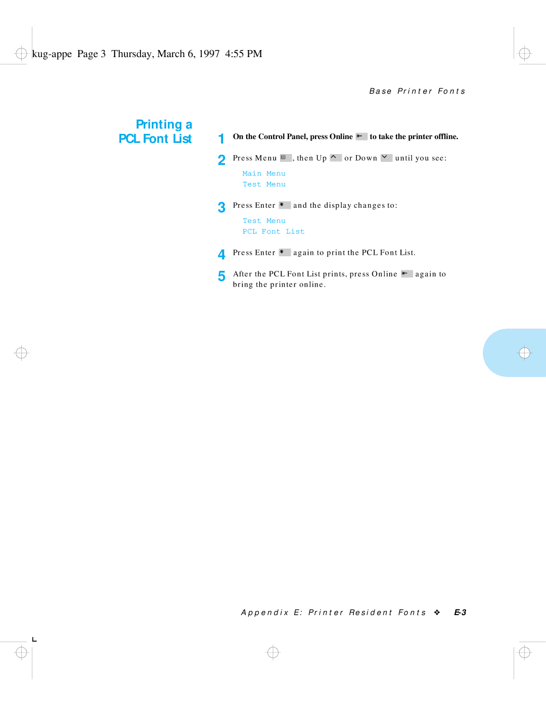 HP LN17 manual Printing a PCL Font List, Kug-appe Page 3 Thursday, March 6, 1997 455 PM 