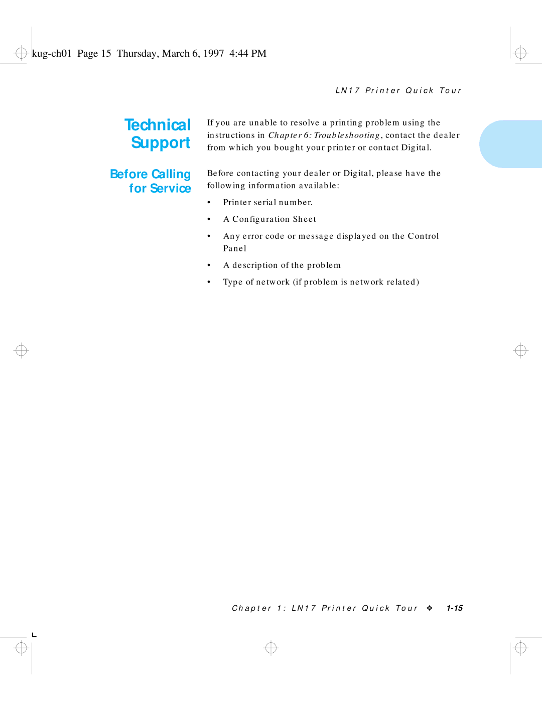 HP LN17 manual Technical Support, Kug-ch01 Page 15 Thursday, March 6, 1997 444 PM 