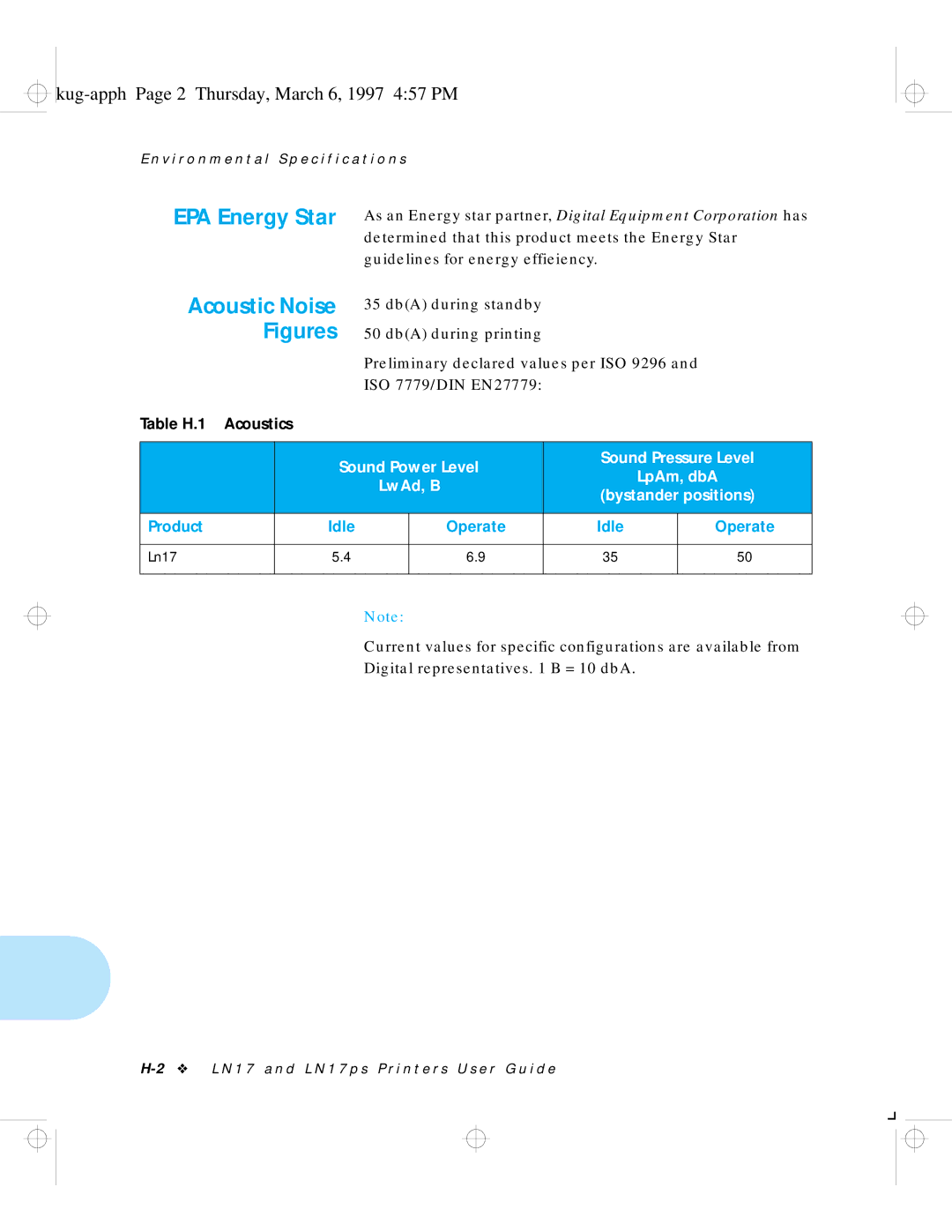 HP LN17 manual Kug-apph Page 2 Thursday, March 6, 1997 457 PM, Sound Pressure Level, LpAm, dbA, Bystander positions 