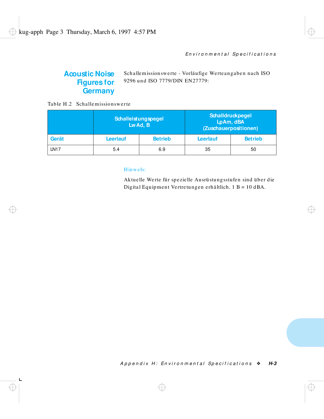 HP LN17 manual Acoustic Noise, Kug-apph Page 3 Thursday, March 6, 1997 457 PM, Zuschauerpositionen, Gerät 