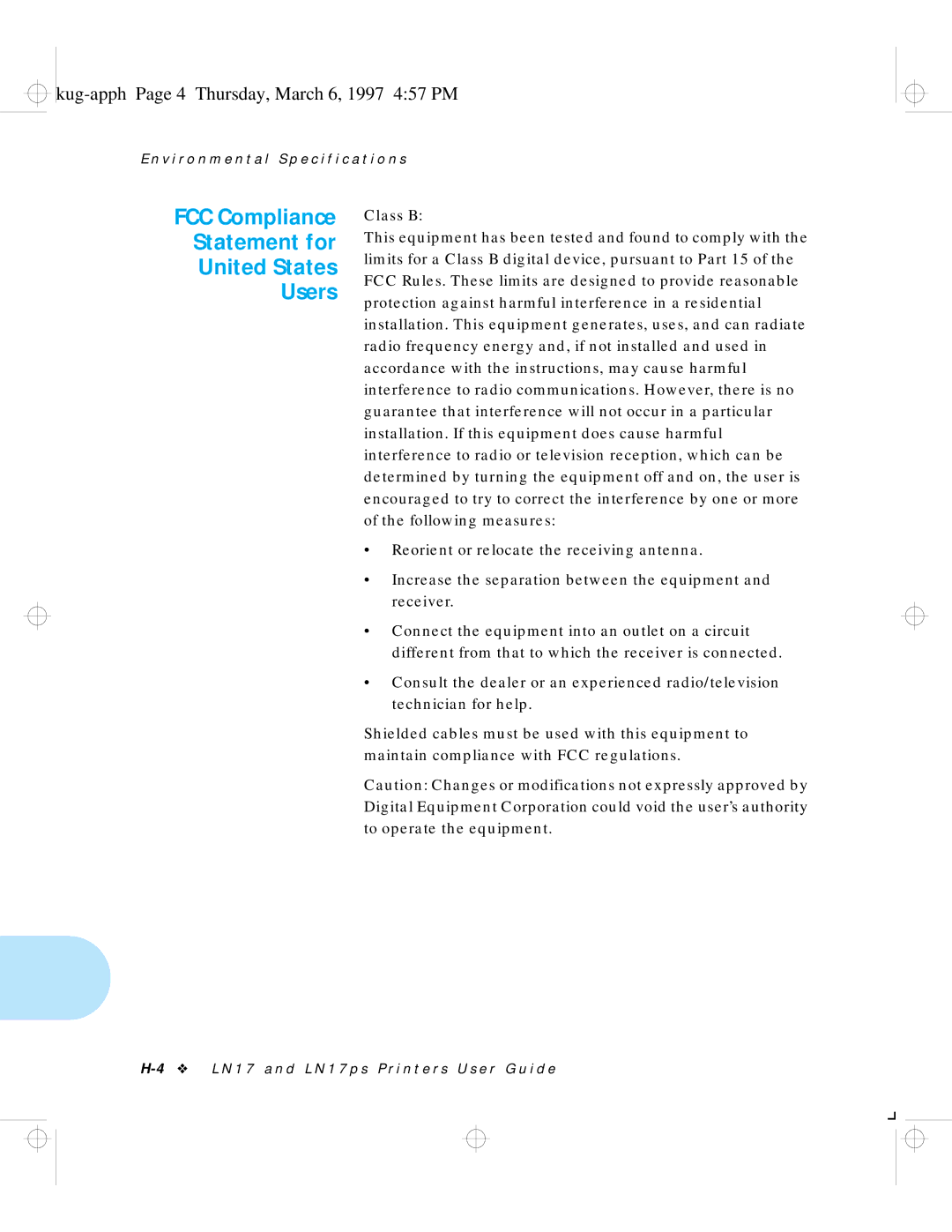 HP LN17 manual FCC Compliance Statement for United States Users, Kug-apph Page 4 Thursday, March 6, 1997 457 PM 