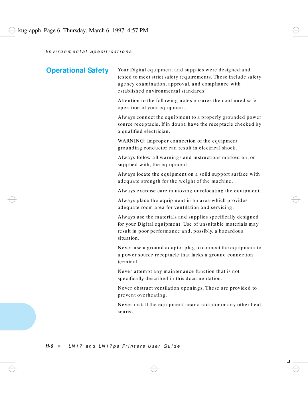 HP LN17 manual Operational Safety, Kug-apph Page 6 Thursday, March 6, 1997 457 PM 