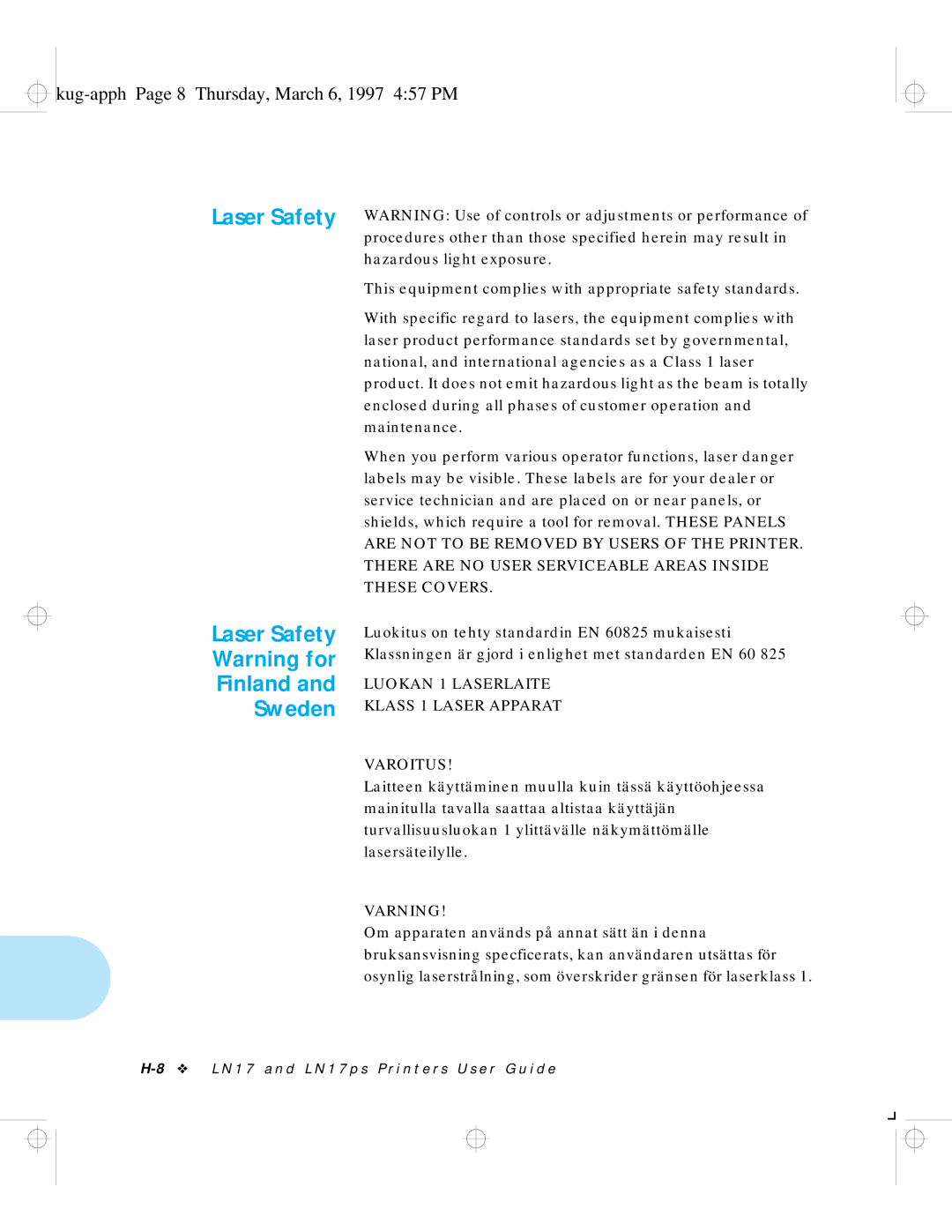 HP LN17 manual Laser Safety Finland Sweden, Kug-apph Page 8 Thursday, March 6, 1997 457 PM 