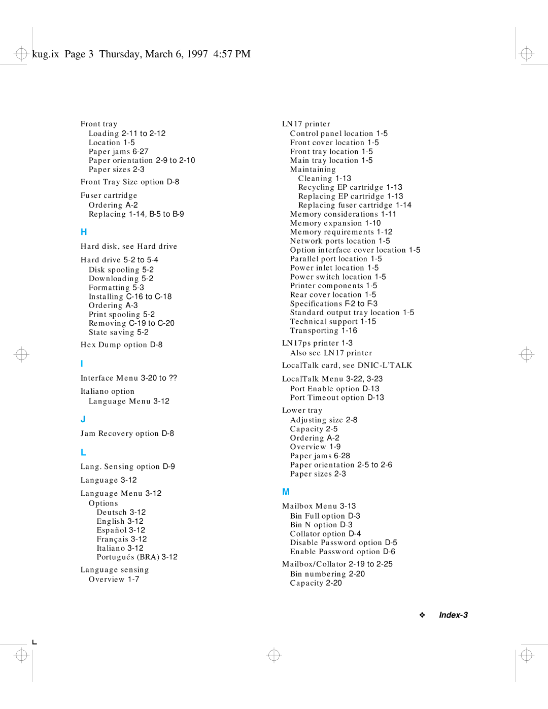 HP LN17 manual Kug.ix Page 3 Thursday, March 6, 1997 457 PM, Loading 2-11 to 2-12 Location 1-5 Paper jams 