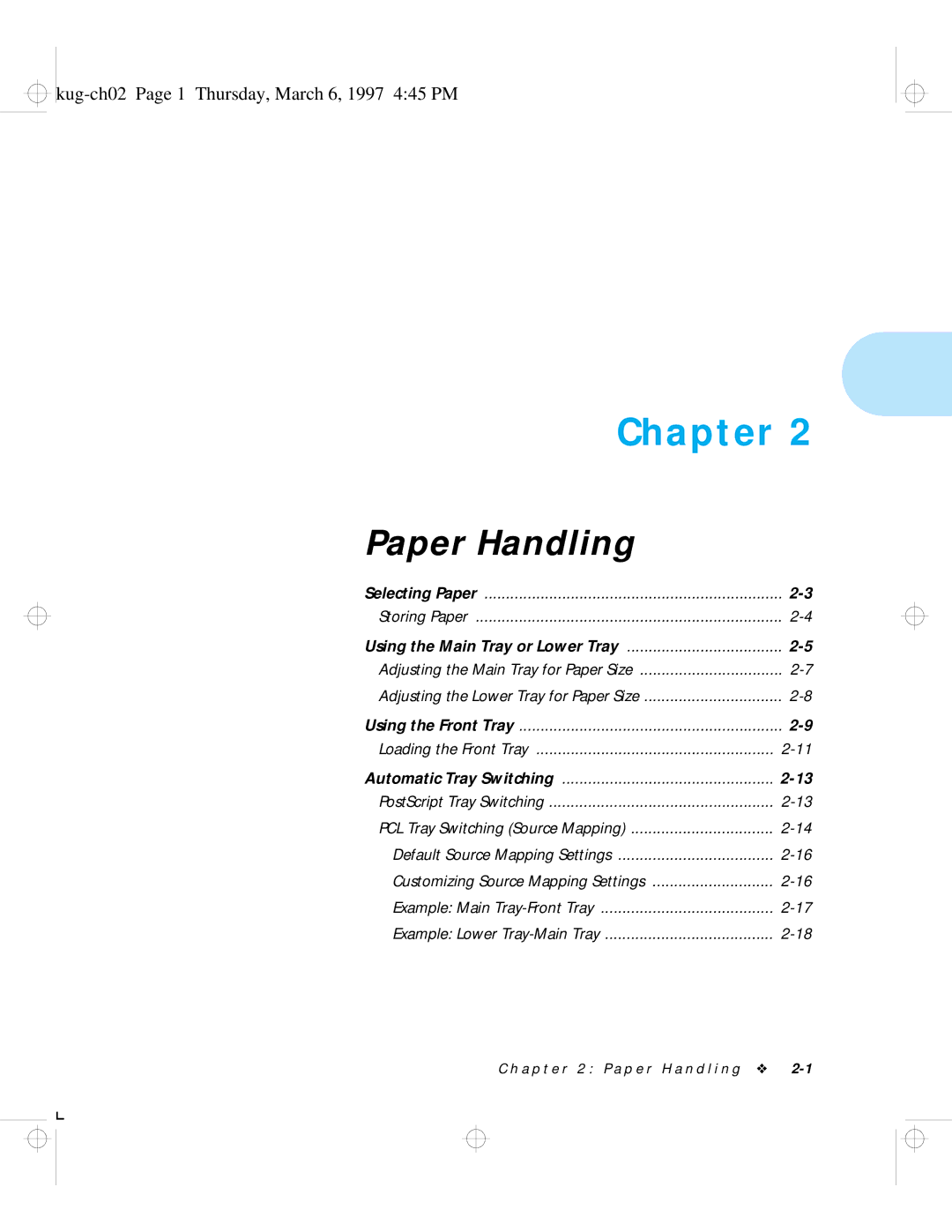 HP LN17 manual Paper Handling, Kug-ch02 Page 1 Thursday, March 6, 1997 445 PM 