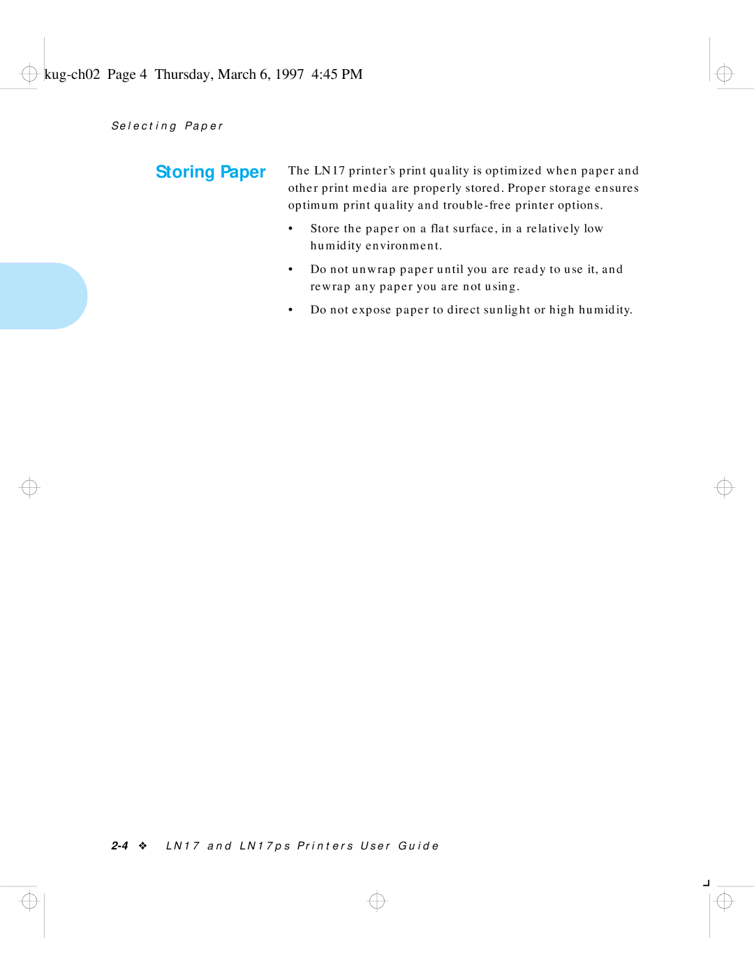 HP LN17 manual Storing Paper, Kug-ch02 Page 4 Thursday, March 6, 1997 445 PM 