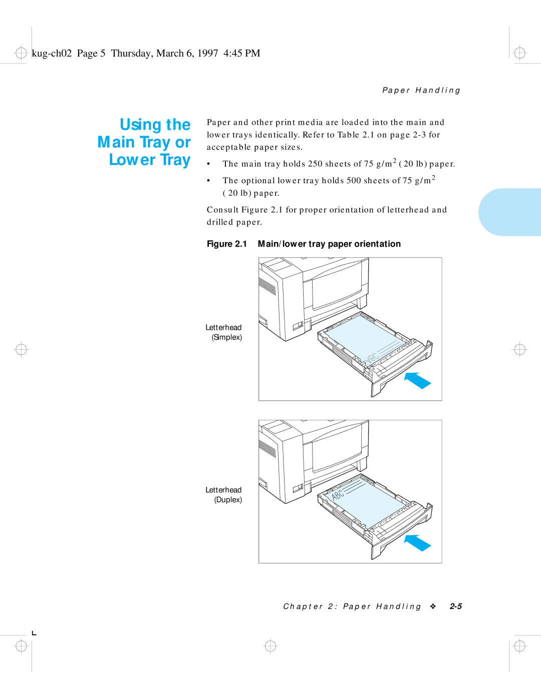 HP LN17 manual Using the Main Tray or Lower Tray, Kug-ch02 Page 5 Thursday, March 6, 1997 445 PM, Simplex, Duplex 