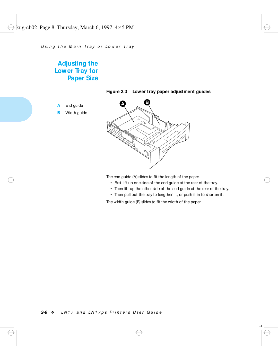 HP LN17 manual Adjusting Lower Tray for Paper Size, Kug-ch02 Page 8 Thursday, March 6, 1997 445 PM 