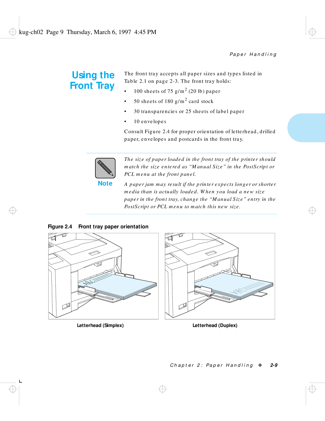 HP LN17 manual Using the Front Tray, Kug-ch02 Page 9 Thursday, March 6, 1997 445 PM 