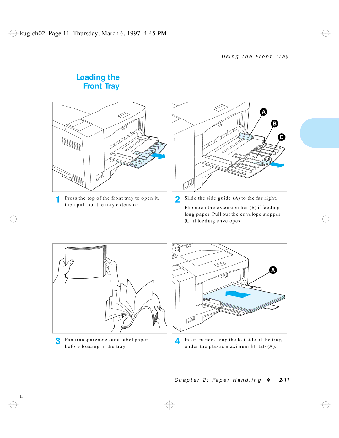 HP LN17 manual Loading Front Tray, Kug-ch02 Page 11 Thursday, March 6, 1997 445 PM 