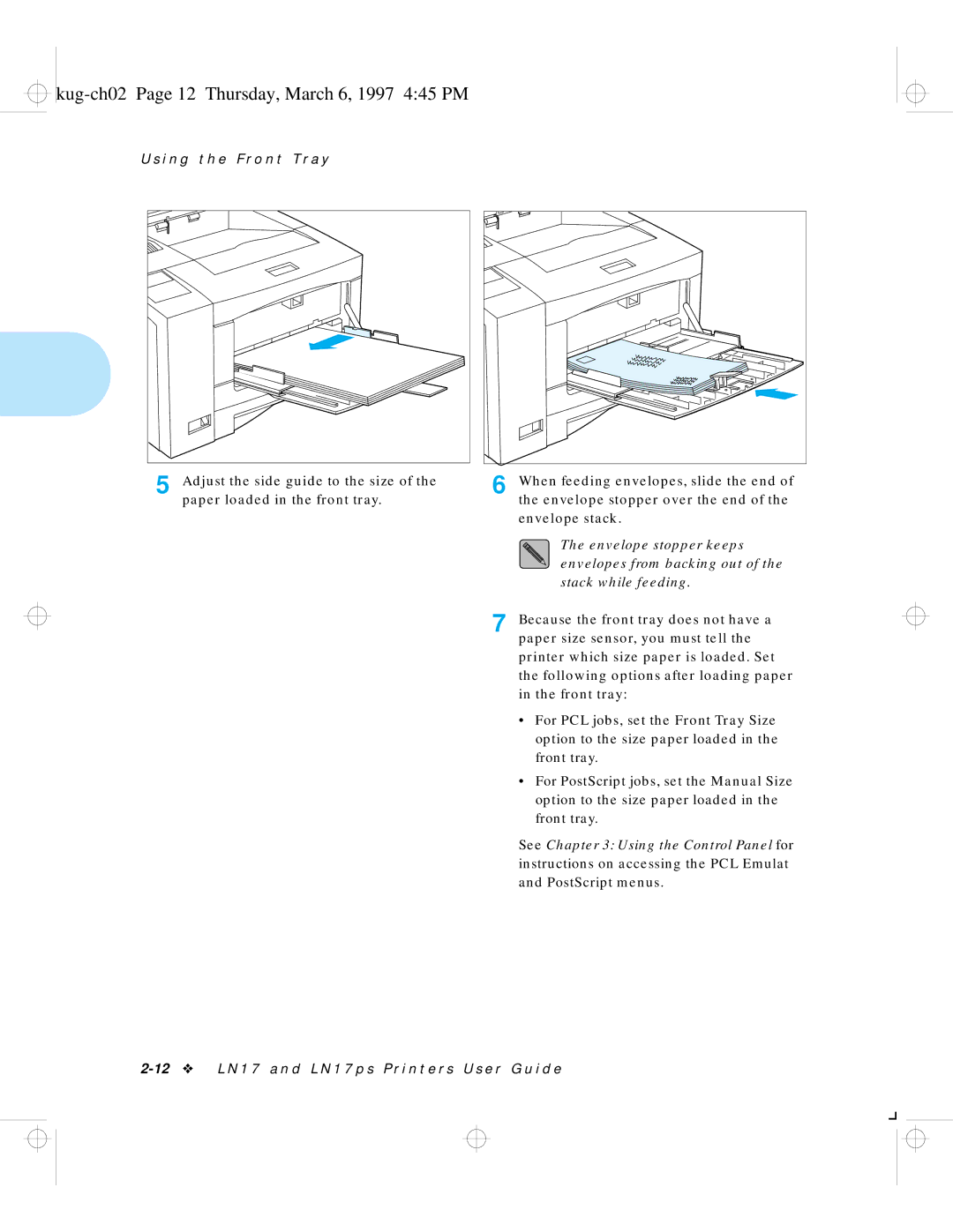 HP LN17 manual Kug-ch02 Page 12 Thursday, March 6, 1997 445 PM, Adjust the side guide to the size 