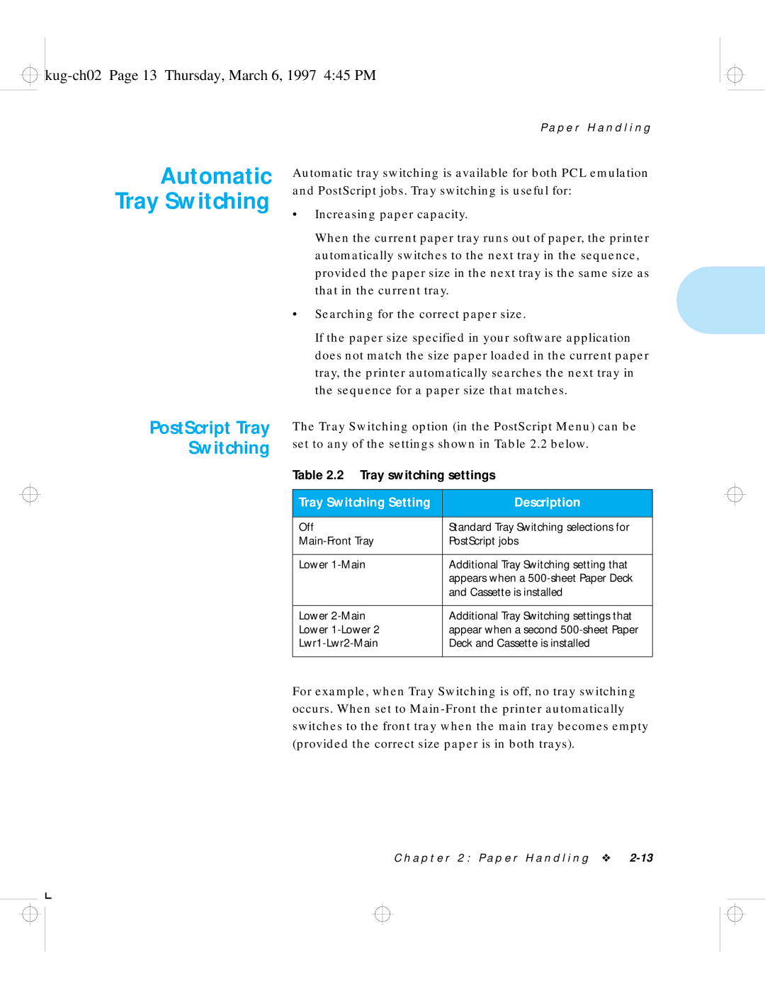 HP LN17 manual Kug-ch02 Page 13 Thursday, March 6, 1997 445 PM, Tray Switching Setting Description 