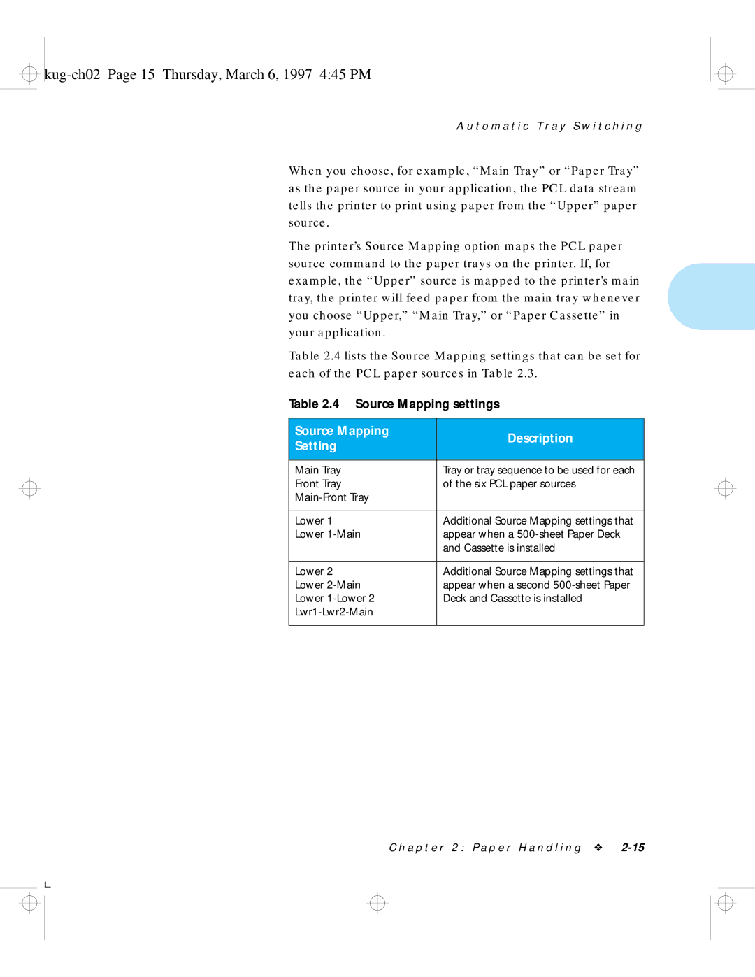 HP LN17 manual Kug-ch02 Page 15 Thursday, March 6, 1997 445 PM, Source Mapping Description Setting 