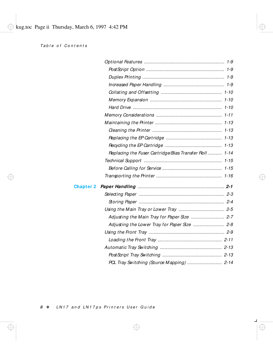 HP LN17 manual Kug.toc Page ii Thursday, March 6, 1997 442 PM 