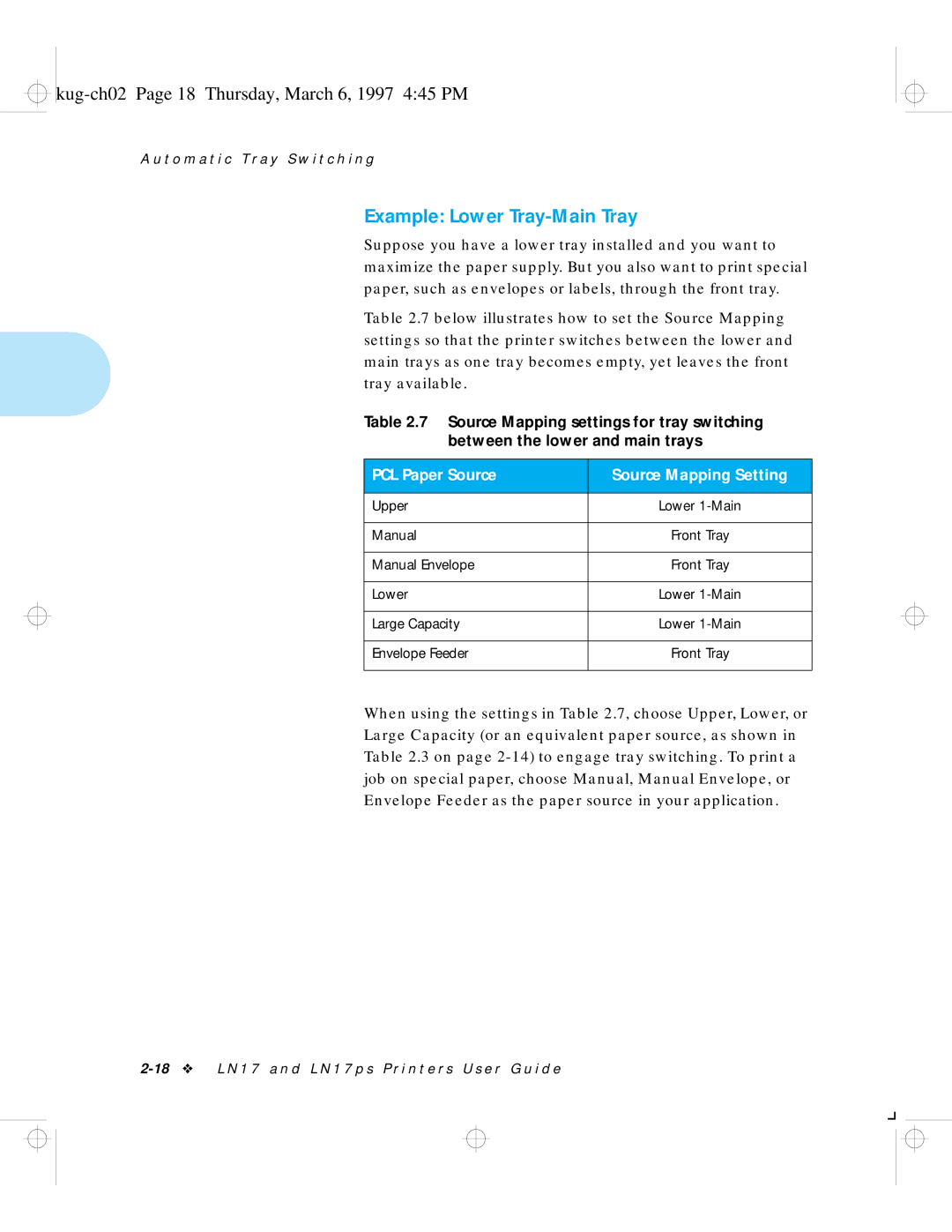 HP LN17 manual Kug-ch02 Page 18 Thursday, March 6, 1997 445 PM, Example Lower Tray-Main Tray 
