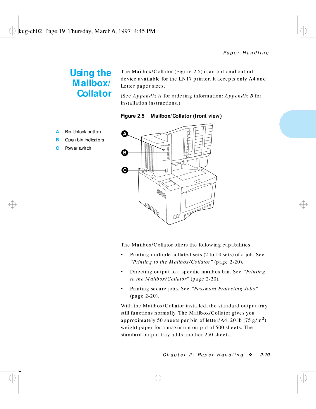 HP LN17 manual Using Mailbox Collator, Kug-ch02 Page 19 Thursday, March 6, 1997 445 PM 