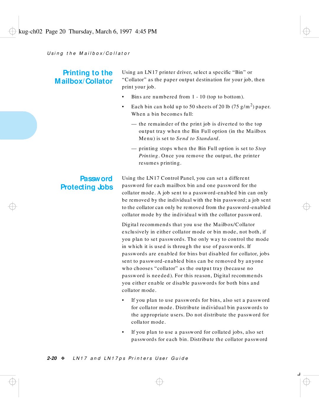 HP LN17 manual Printing to the Mailbox/Collator, Kug-ch02 Page 20 Thursday, March 6, 1997 445 PM 