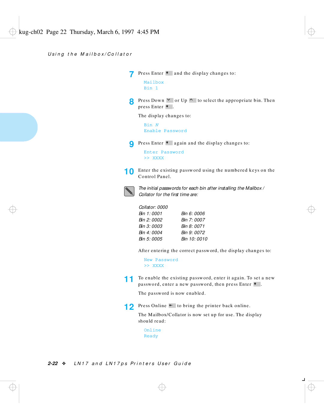 HP LN17 manual Kug-ch02 Page 22 Thursday, March 6, 1997 445 PM, Press Online to bring the printer back online 