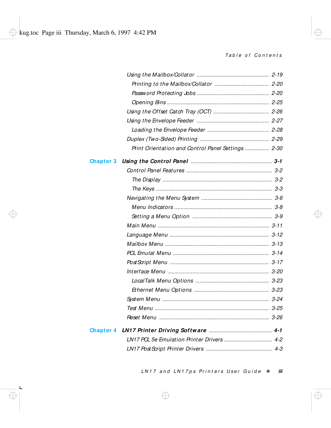 HP LN17 manual Kug.toc Page iii Thursday, March 6, 1997 442 PM 