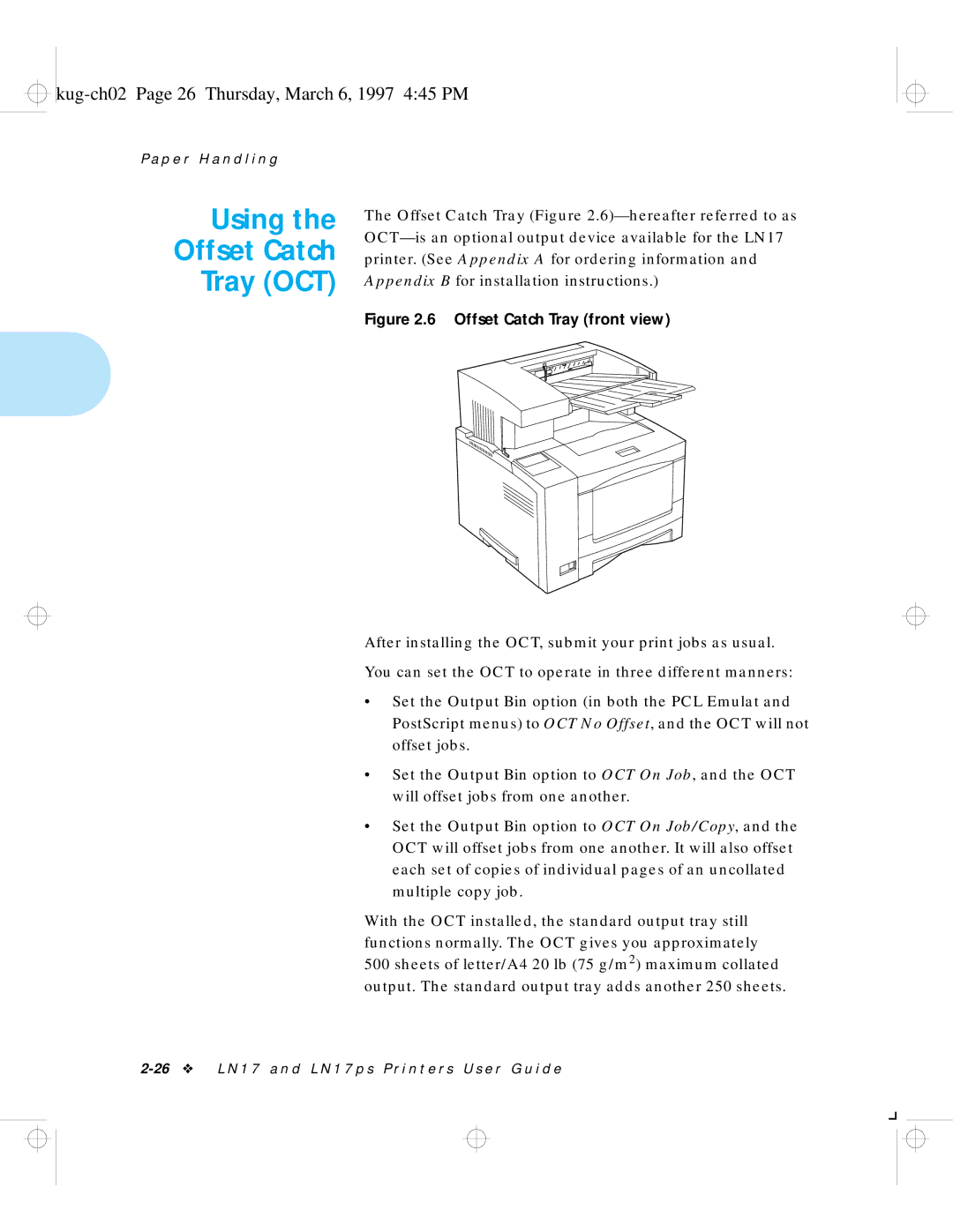 HP LN17 manual Using Offset Catch Tray OCT, Kug-ch02 Page 26 Thursday, March 6, 1997 445 PM 