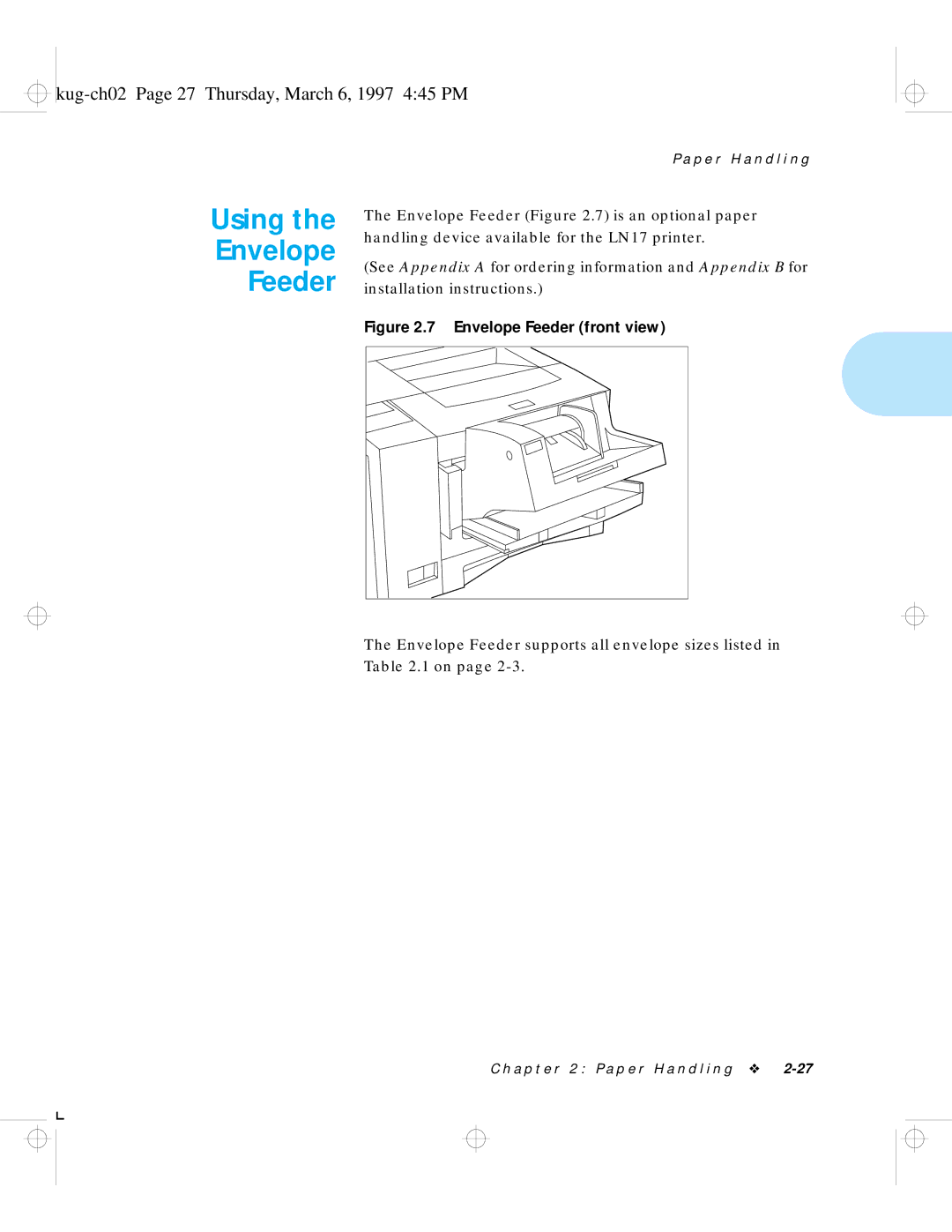 HP LN17 manual Using Envelope Feeder, Kug-ch02 Page 27 Thursday, March 6, 1997 445 PM 