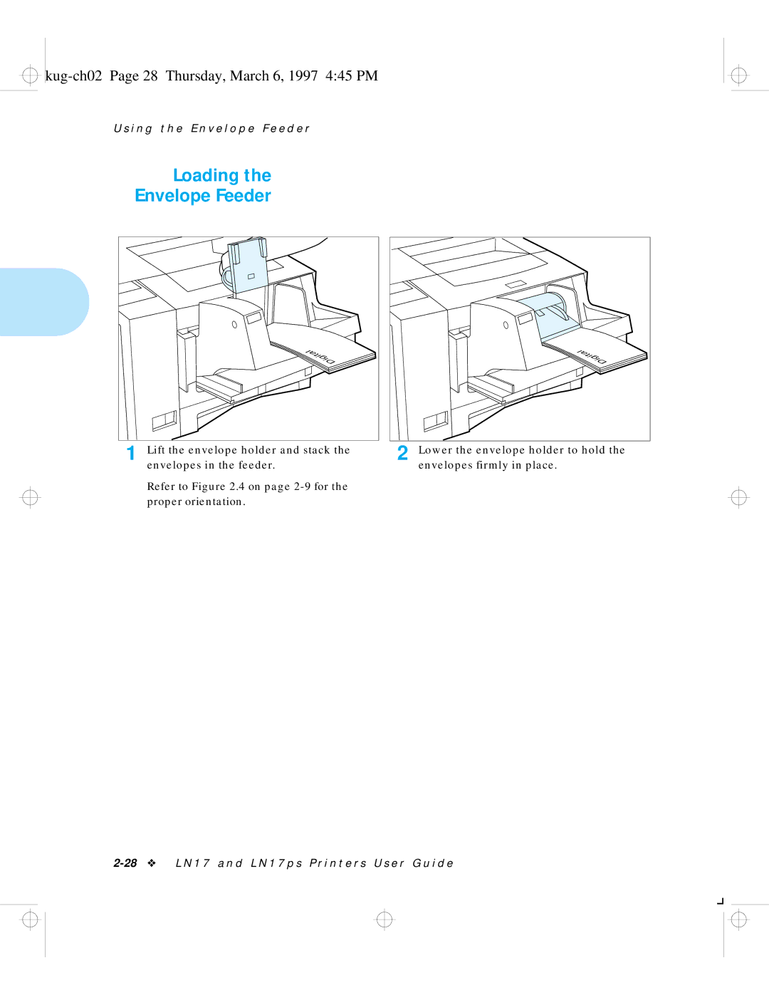 HP LN17 manual Loading Envelope Feeder, Kug-ch02 Page 28 Thursday, March 6, 1997 445 PM 