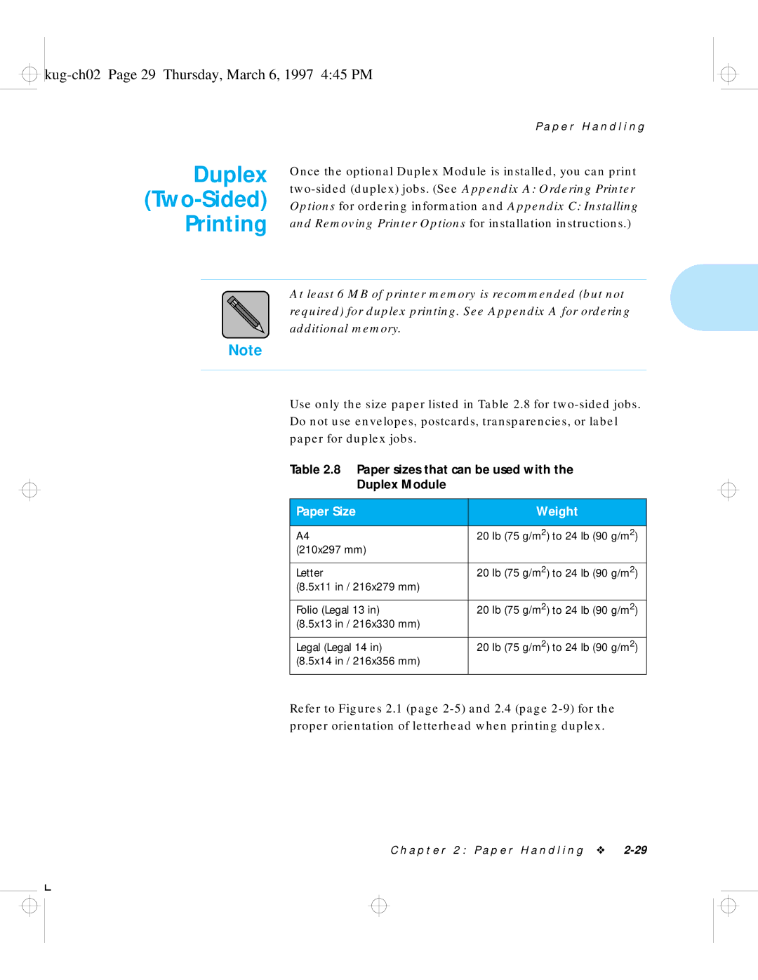 HP LN17 manual Duplex, Printing, Kug-ch02 Page 29 Thursday, March 6, 1997 445 PM, Paper Size Weight 