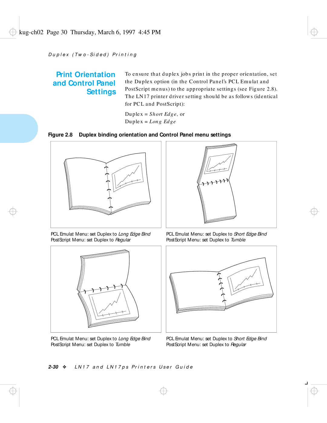 HP LN17 manual Print Orientation Control Panel Settings, Kug-ch02 Page 30 Thursday, March 6, 1997 445 PM 