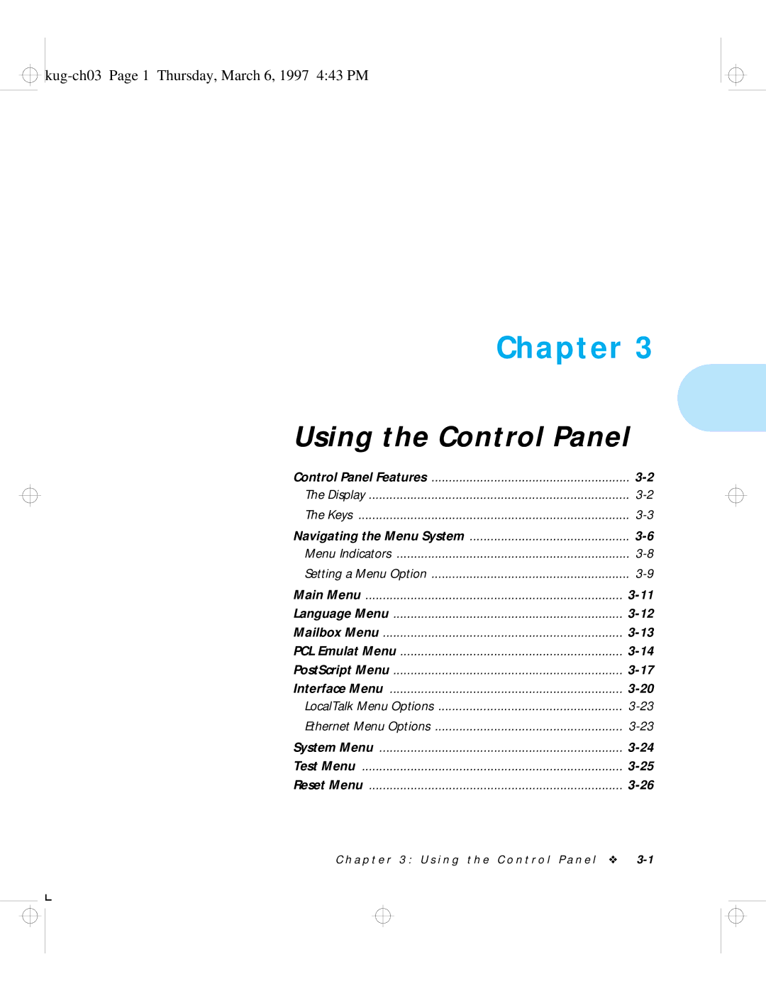 HP LN17 manual Using the Control Panel, Kug-ch03 Page 1 Thursday, March 6, 1997 443 PM 